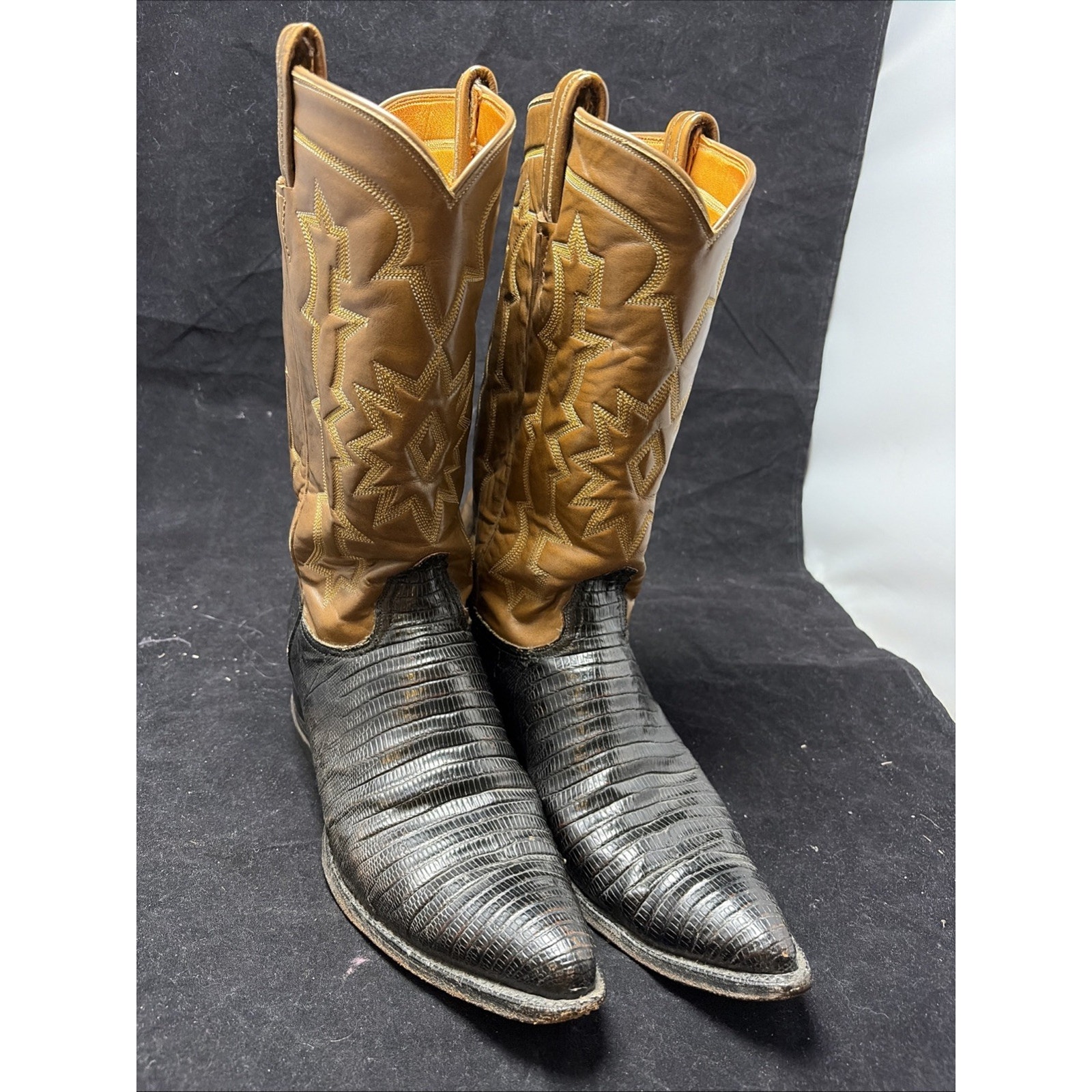 Tony Lama Black Lizard With Brown Cowboy Boots Mens Sz 7d Leather 11715